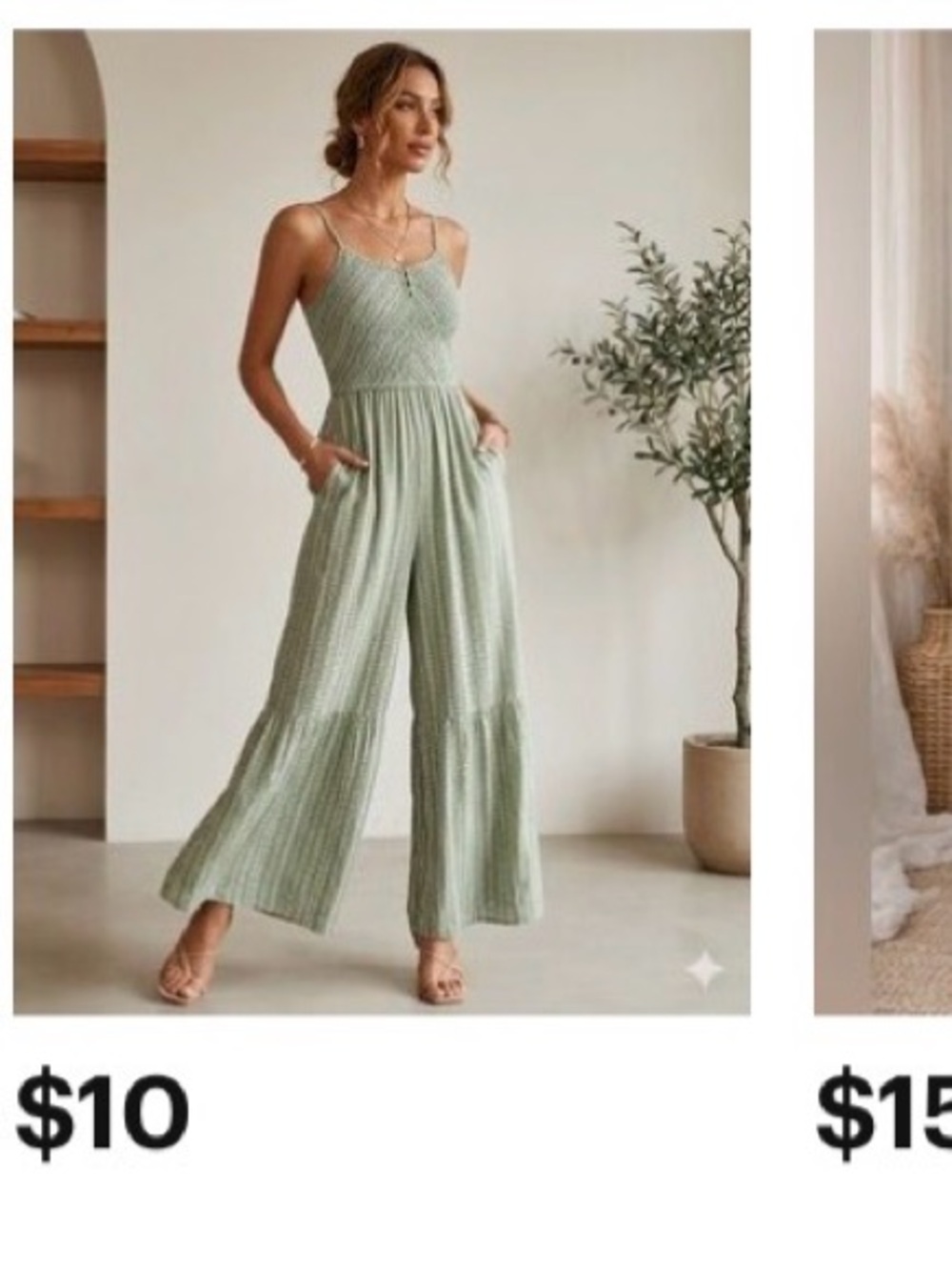 Sincerly Jules Sage Green Smocked Wide-Leg Jumpsuit with White Floral Stripe